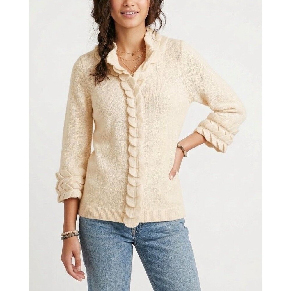 Moth Anthropologie 100% Wool Cardigan Sweater Petal Placket Sz Large Cream Y2K